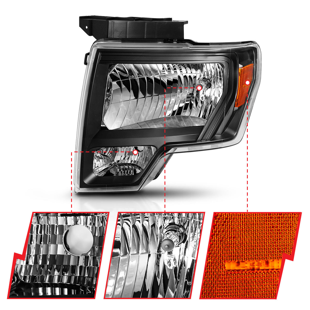 Crystal Headlight Black Amber Ford F-150 2009-2013 AnzoUSA-2