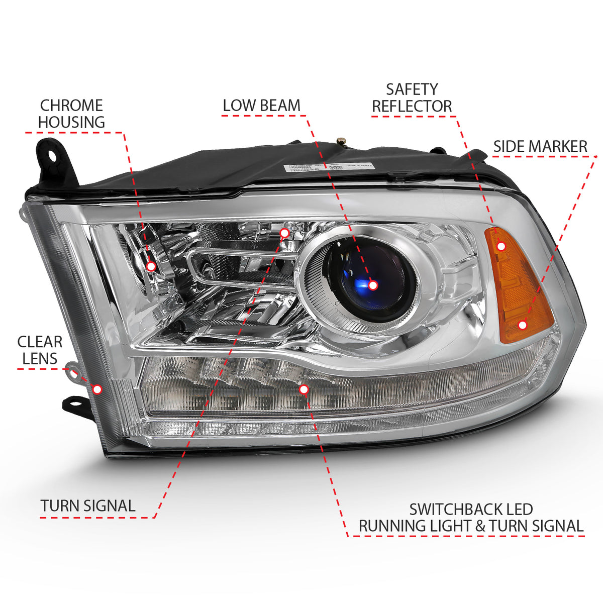 Projector Headlights W/ Halo Projector Plank Style Switchback H.l Halo Chrome Amber (Oe Style)Ram 1500/2500/3500 2011-2018 AnzoUSA-2