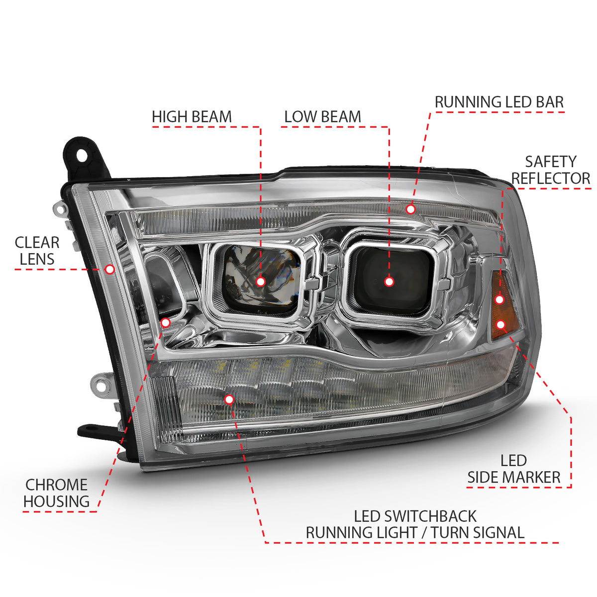 Projector Headlights Chrome Housing W/SwitchbackRam 1500/2500/3500 2011-2018 AnzoUSA-3