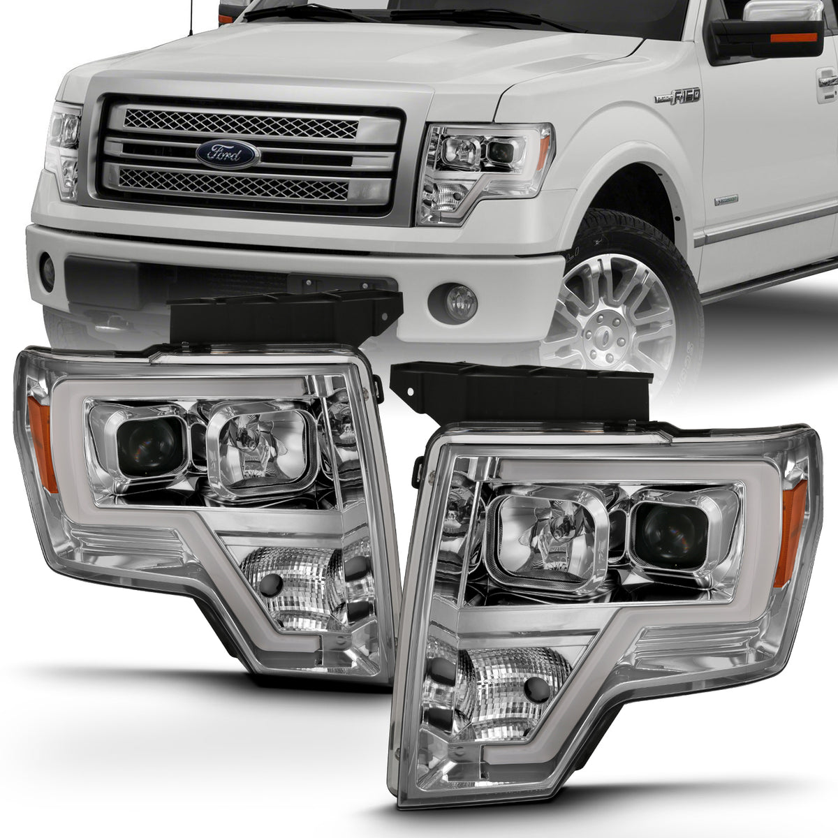 Projector Headlights Headlight Plank Style Chrome Amber Pair Ford F-150 2009-2014 AnzoUSA