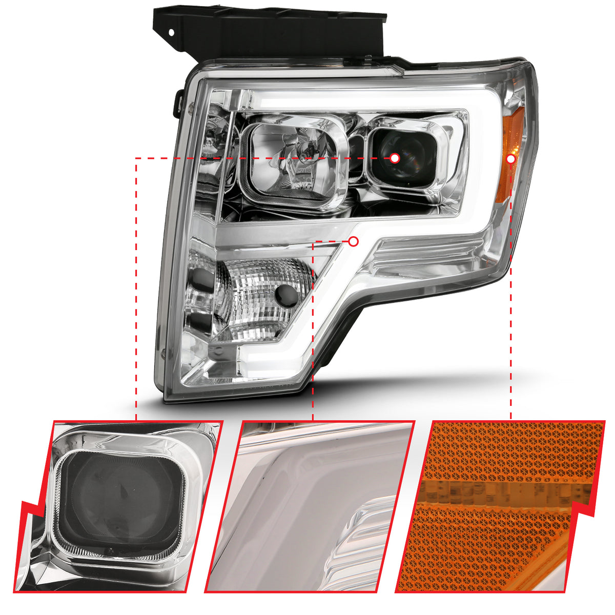Projector Headlights Headlight Plank Style Chrome Amber Pair Ford F-150 2009-2014 AnzoUSA-2