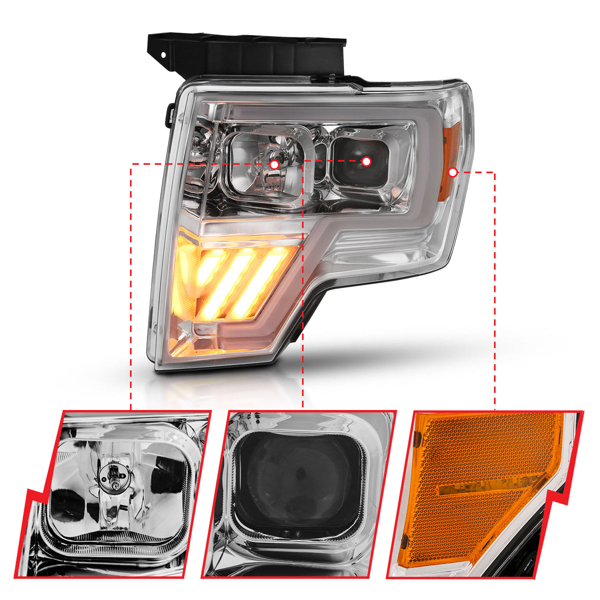Projector Headlights Headlight Chrome Amber Pair Ford F-150 2009-2014 AnzoUSA-2