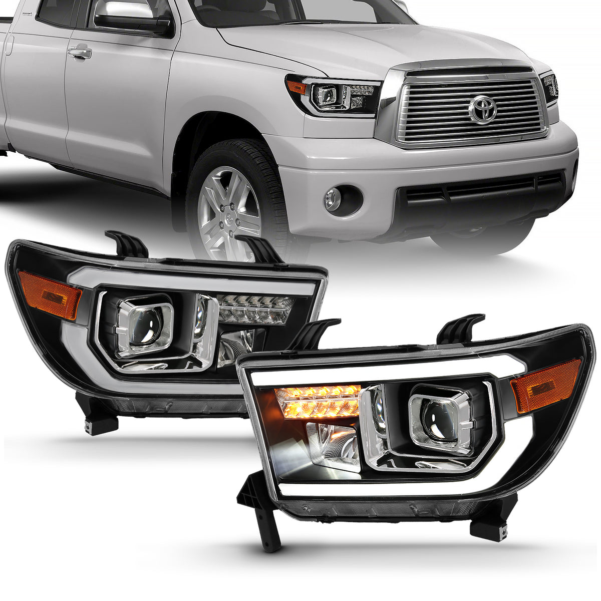 Projector Headlights Plank Style Black Housing (LED High Beam, Halogen Bulb Version) Toyota Sequoia 2008-2017, Toyota Tundra 2007-2013 AnzoUSA