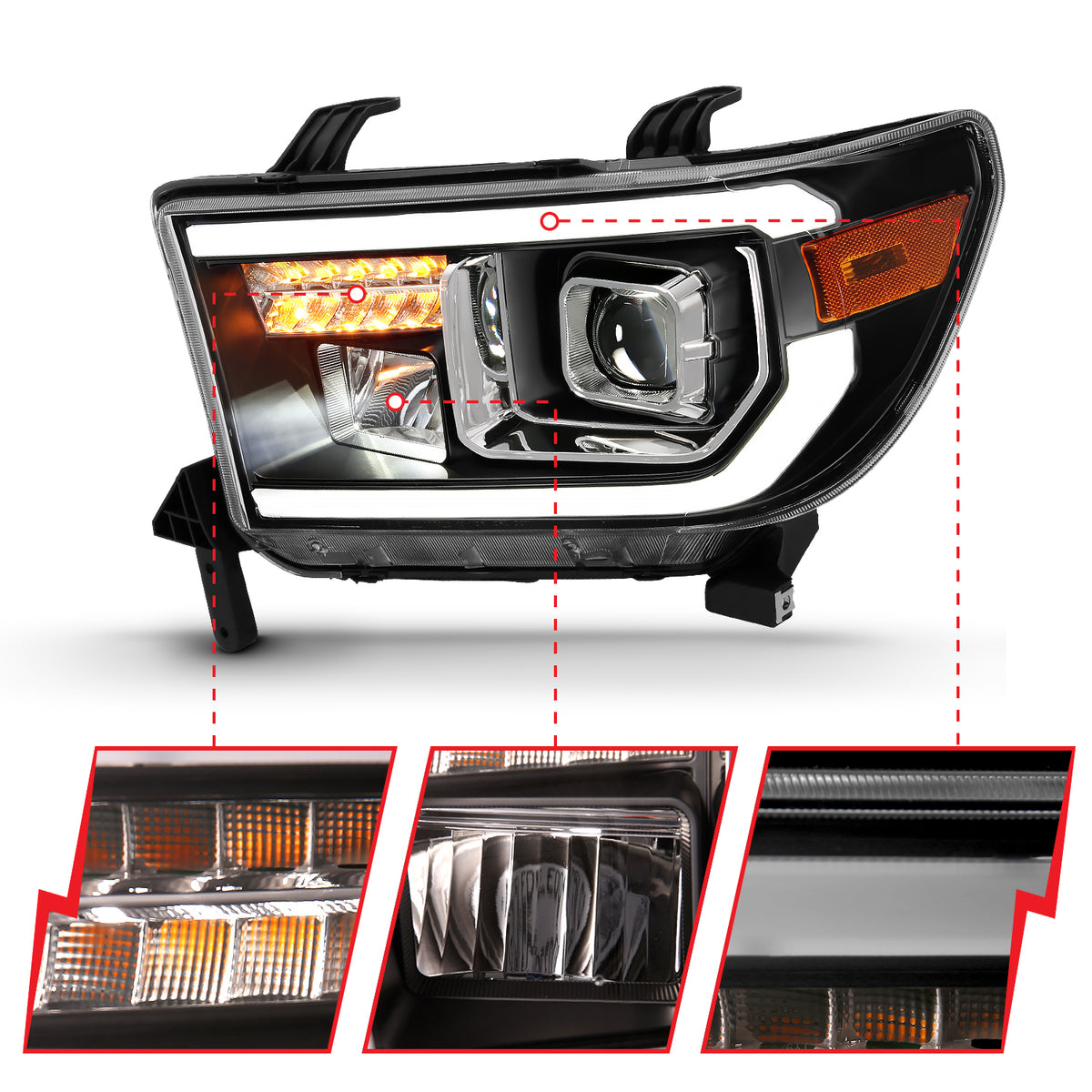 Projector Headlights Plank Style Black Housing (LED High Beam, Halogen Bulb Version) Toyota Sequoia 2008-2017, Toyota Tundra 2007-2013 AnzoUSA-2