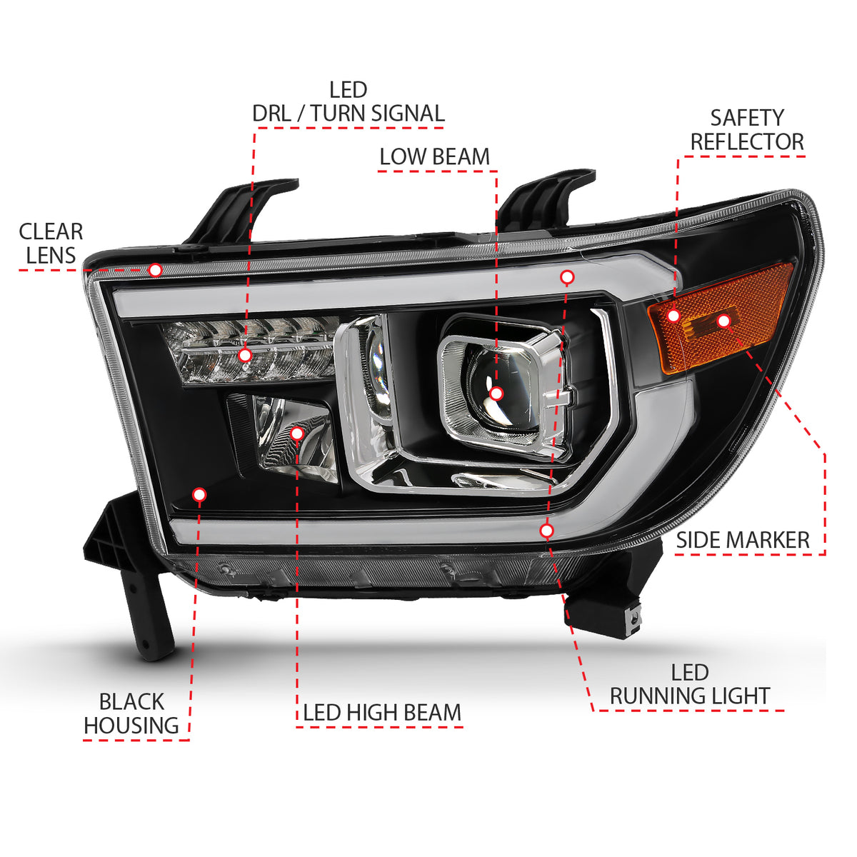 Projector Headlights Plank Style Black Housing (LED High Beam, Halogen Bulb Version) Toyota Sequoia 2008-2017, Toyota Tundra 2007-2013 AnzoUSA-3
