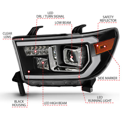 Projector Headlights Plank Style Black Housing (LED High Beam, Halogen Bulb Version) Toyota Sequoia 2008-2017, Toyota Tundra 2007-2013 AnzoUSA-3