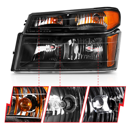 Headlight Set Crystal Headlights Black Housing Clear Lens 4pcs (Oe Replcement) GMC Canyon 2004-2006 AnzoUSA-2