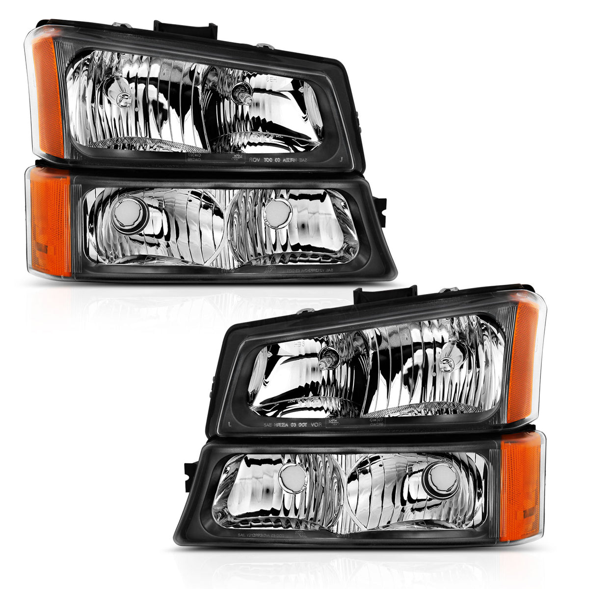 Headlight Set W/Signal Lights 4pcs Crystal Headlights Black Housing Clear Lens Chevrolet Silverado 1500/1500 HD/2500/2500 HD/3500 2003-2006 AnzoUSA