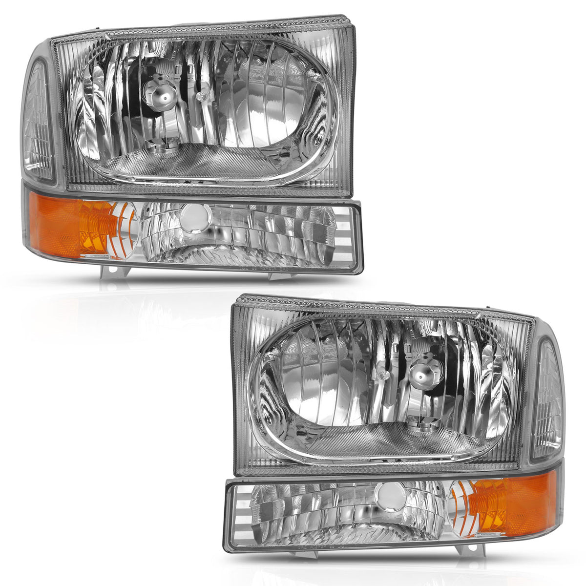 Headlight Set Crystal Headlights Chrome Housing Clear Lens W/Corner Lights Pair Ford Trucks/SUVs 1999-2004 AnzoUSA