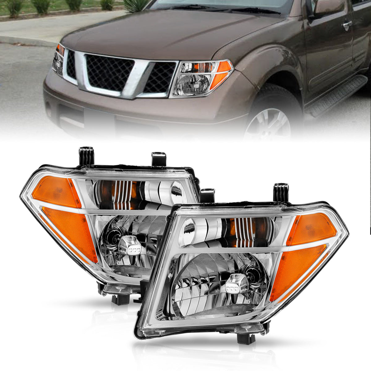 Headlight Set Crystal Headlights Chrome Housing Clear Lens Pair (OE Replacement) Nissan Frontier/Pathfinder 2005-2008 AnzoUSA