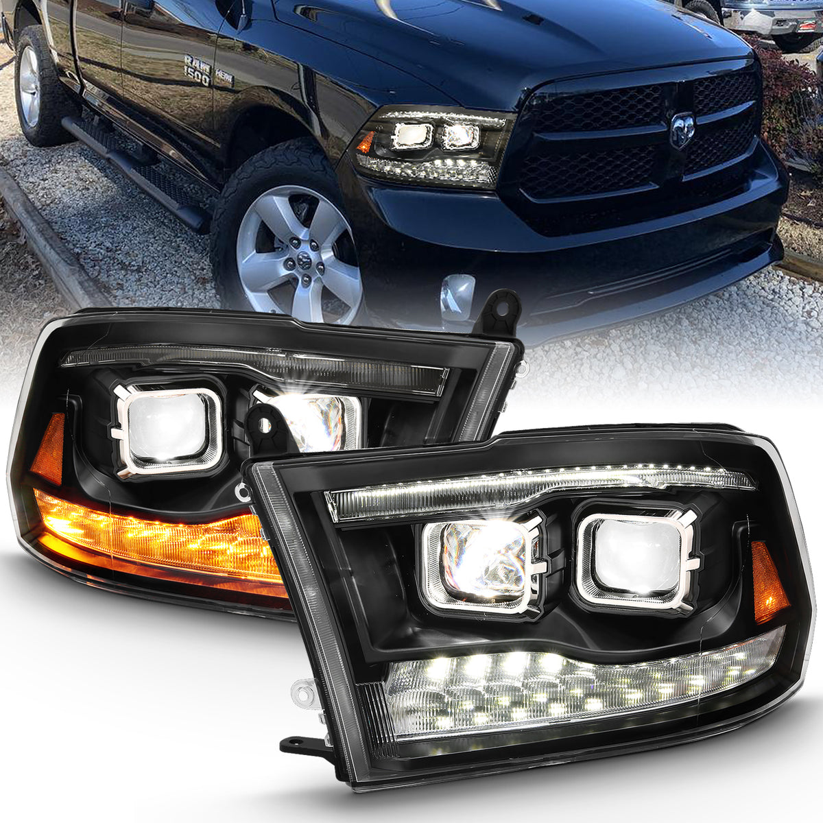 LED Projector Headlights LED Projector Plank Style Switchback H.l Halo Black Amber (Oe Style)Ram 1500/2500/3500 2011-2018 AnzoUSA