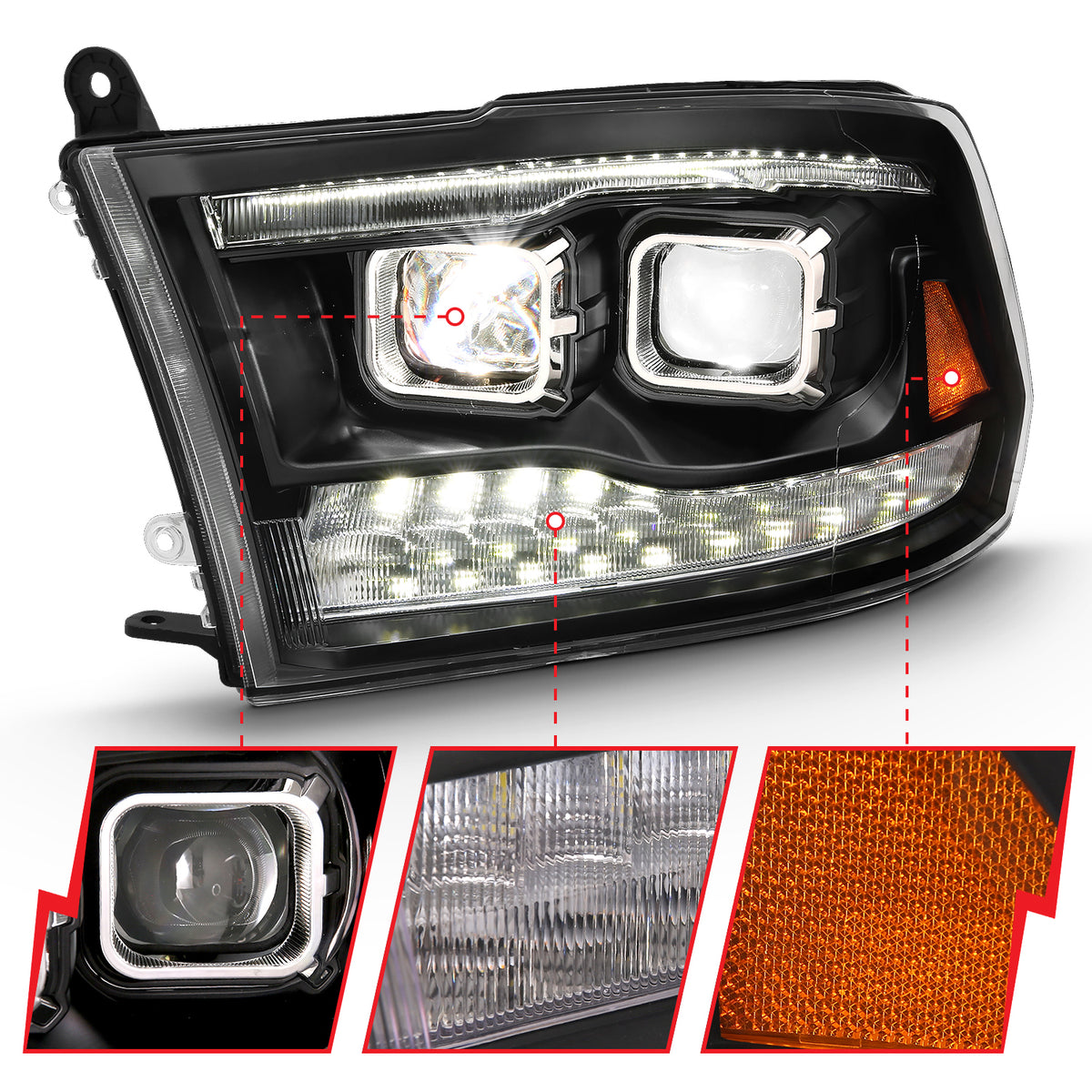 LED Projector Headlights LED Projector Plank Style Switchback H.l Halo Black Amber (Oe Style)Ram 1500/2500/3500 2011-2018 AnzoUSA-2