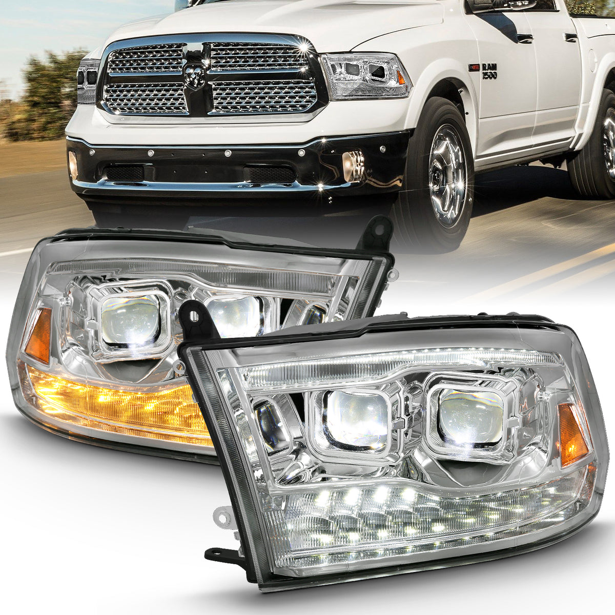 LED Projector Headlights LED Projector Plank Style Switchback H.l Halo Chrome Amber (Oe Style)Ram 1500/2500/3500 2011-2018 AnzoUSA