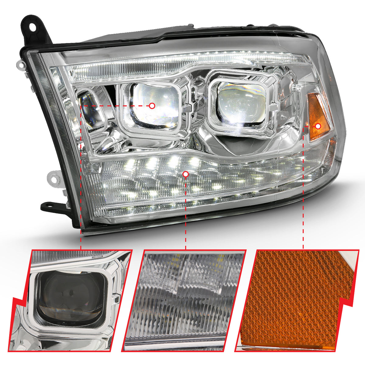 LED Projector Headlights LED Projector Plank Style Switchback H.l Halo Chrome Amber (Oe Style)Ram 1500/2500/3500 2011-2018 AnzoUSA-2