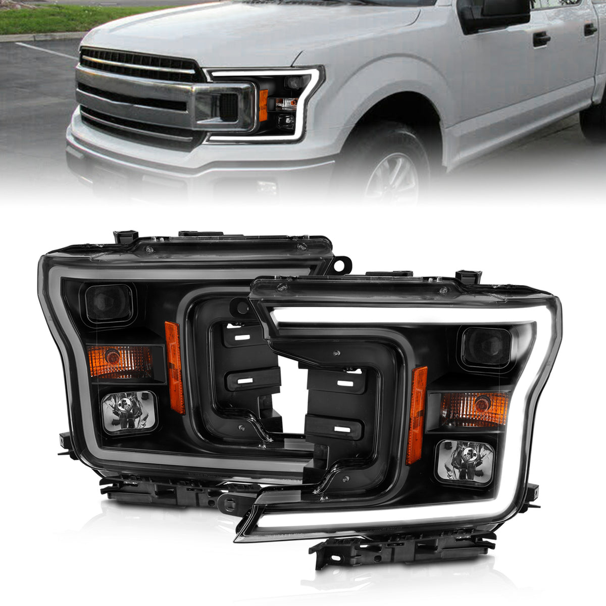 Projector Headlights Plank Style Headlight Black Amber (Without Switchback) Ford F-150 2018-2020 AnzoUSA