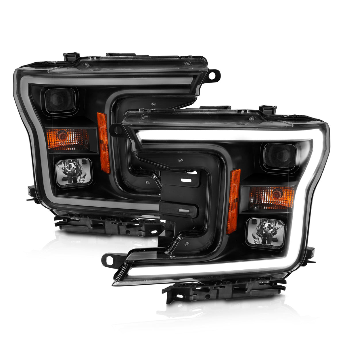 Projector Headlights Plank Style Headlight Black Amber (Without Switchback) Ford F-150 2018-2020 AnzoUSA-1