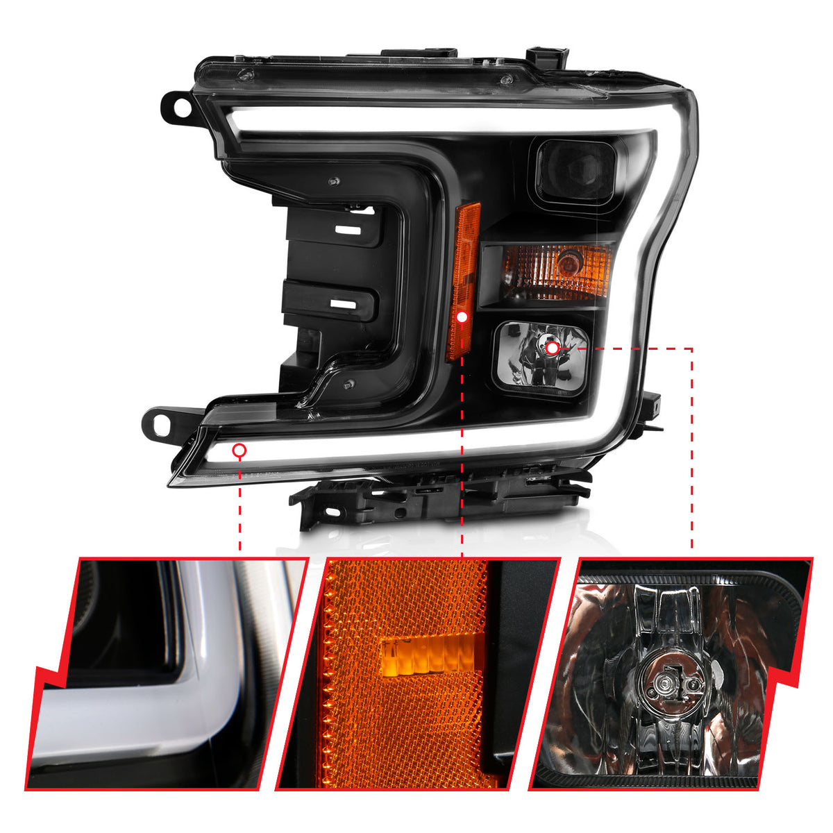 Projector Headlights Plank Style Headlight Black Amber (Without Switchback) Ford F-150 2018-2020 AnzoUSA-2