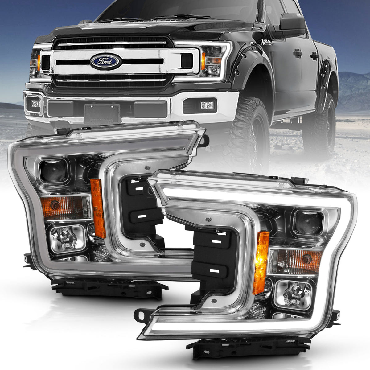 Projector Headlights Projector Plank Style Headlight Chrome Amber (Without Switchback) Ford F-150 2018-2020 AnzoUSA