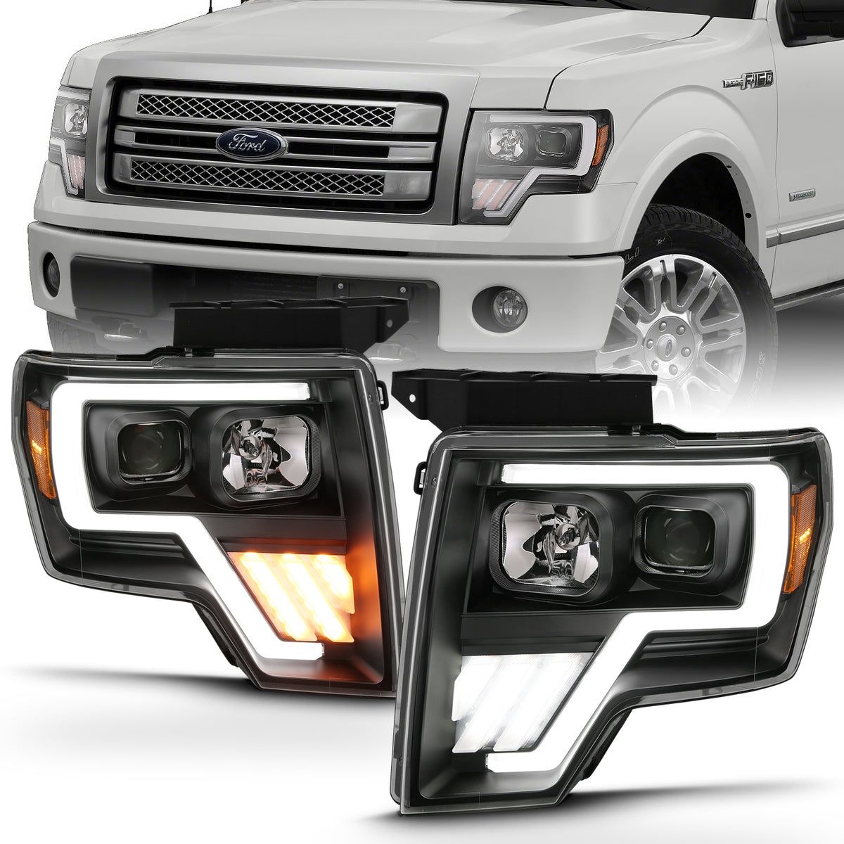 Projector Headlights Light Bar G4 Switchback Headlightblack Amber Ford F-150 2009-2014 AnzoUSA