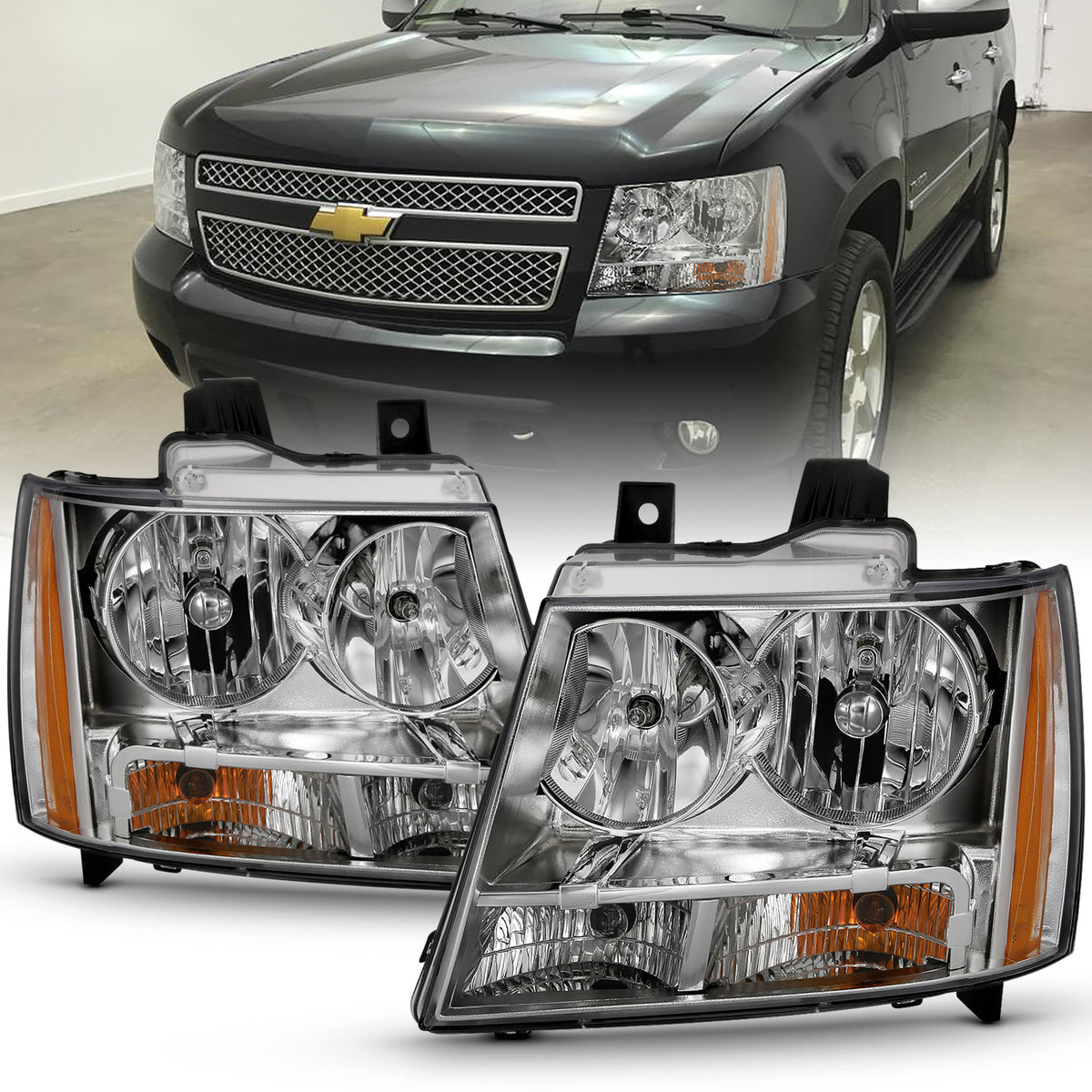 Crystal Headlight Chrome Amber (Oe) Chevrolet Avalanche/Suburban 2500 2007-2013, Chevrolet Suburban 2014, Chevrolet Suburban 1500/Tahoe 2007-2014 AnzoUSA