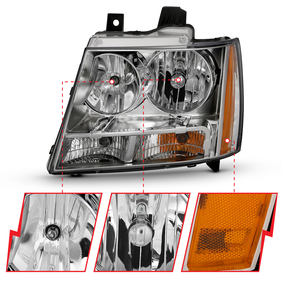 Crystal Headlight Chrome Amber (Oe) Chevrolet Avalanche/Suburban 2500 2007-2013, Chevrolet Suburban 2014, Chevrolet Suburban 1500/Tahoe 2007-2014 AnzoUSA-2