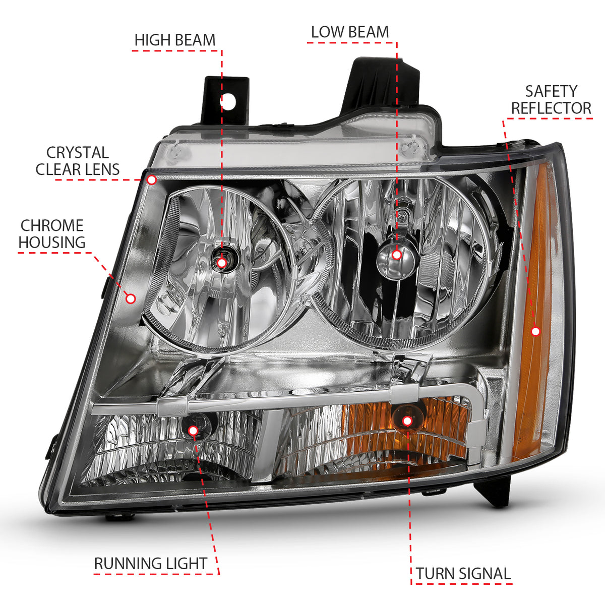 Crystal Headlight Chrome Amber (Oe) Chevrolet Avalanche/Suburban 2500 2007-2013, Chevrolet Suburban 2014, Chevrolet Suburban 1500/Tahoe 2007-2014 AnzoUSA-3
