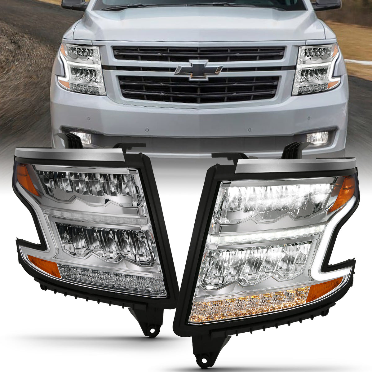 LED Crystal Headlights LED Plank Style Chrome Clear W/Sequential Amber Pair Chevrolet Suburban/Tahoe 2015-2020 AnzoUSA