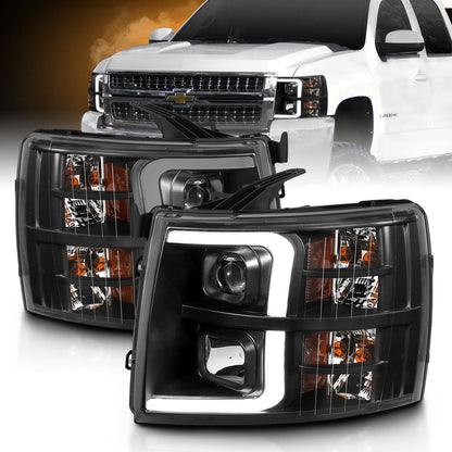 Projector Headlights Plank Styel Black Amber Pair Chevrolet Silverado 1500/3500 2007-2013, 2500/2500 HD/3500 HD 2007-2014 AnzoUSA