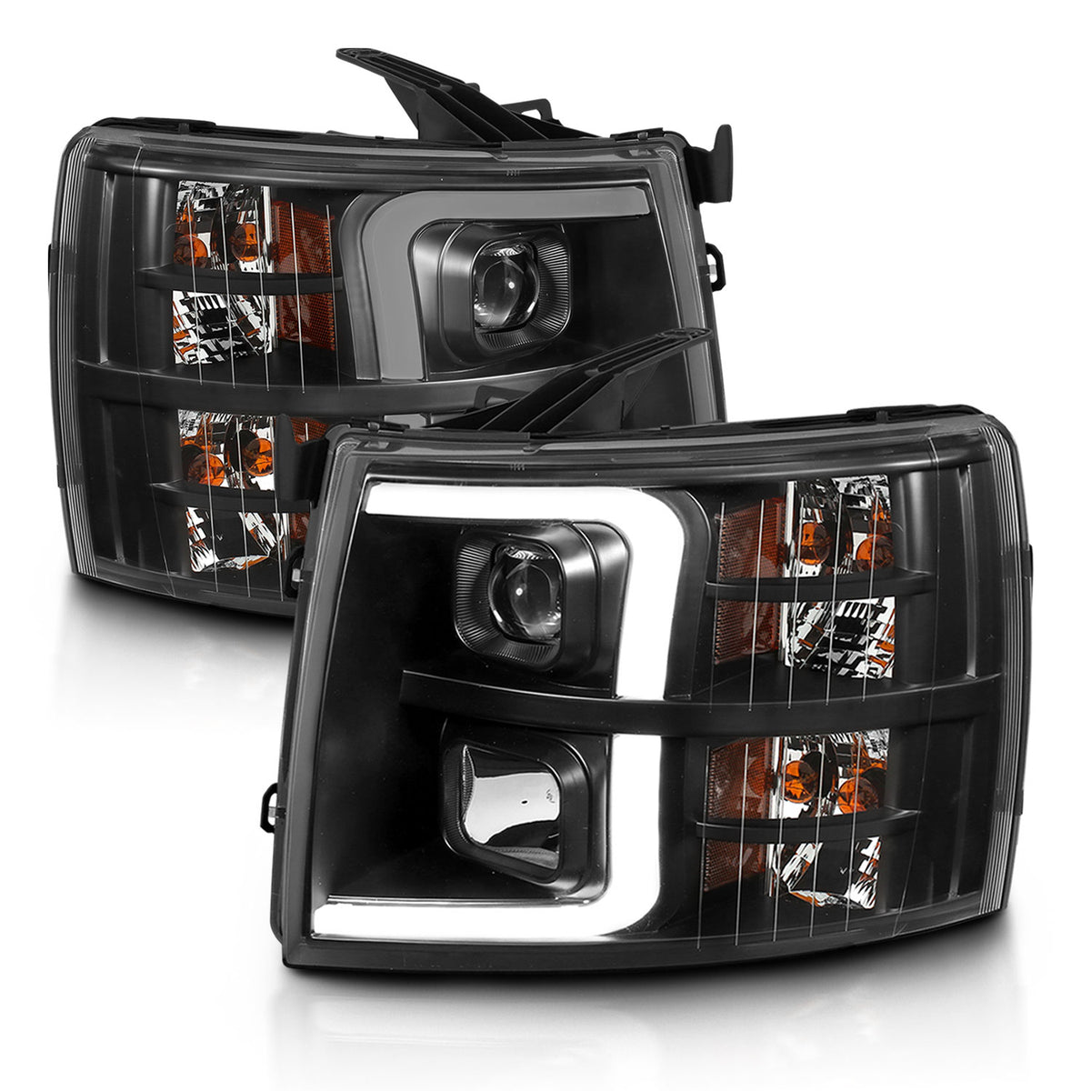 Projector Headlights Plank Styel Black Amber Pair Chevrolet Silverado 1500/3500 2007-2013, 2500/2500 HD/3500 HD 2007-2014 AnzoUSA-1