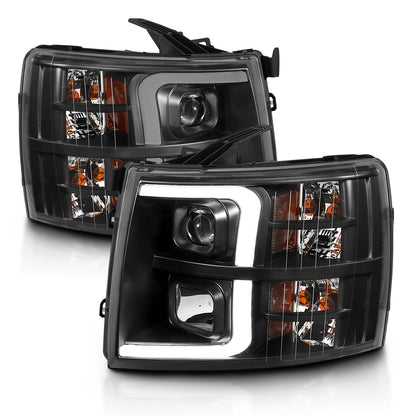 Projector Headlights Plank Styel Black Amber Pair Chevrolet Silverado 1500/3500 2007-2013, 2500/2500 HD/3500 HD 2007-2014 AnzoUSA-1