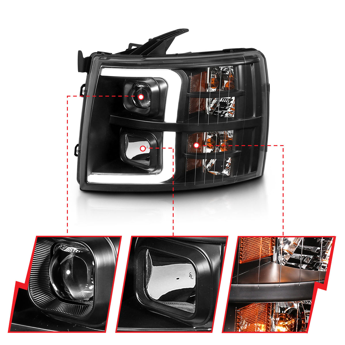 Projector Headlights Plank Styel Black Amber Pair Chevrolet Silverado 1500/3500 2007-2013, 2500/2500 HD/3500 HD 2007-2014 AnzoUSA-2