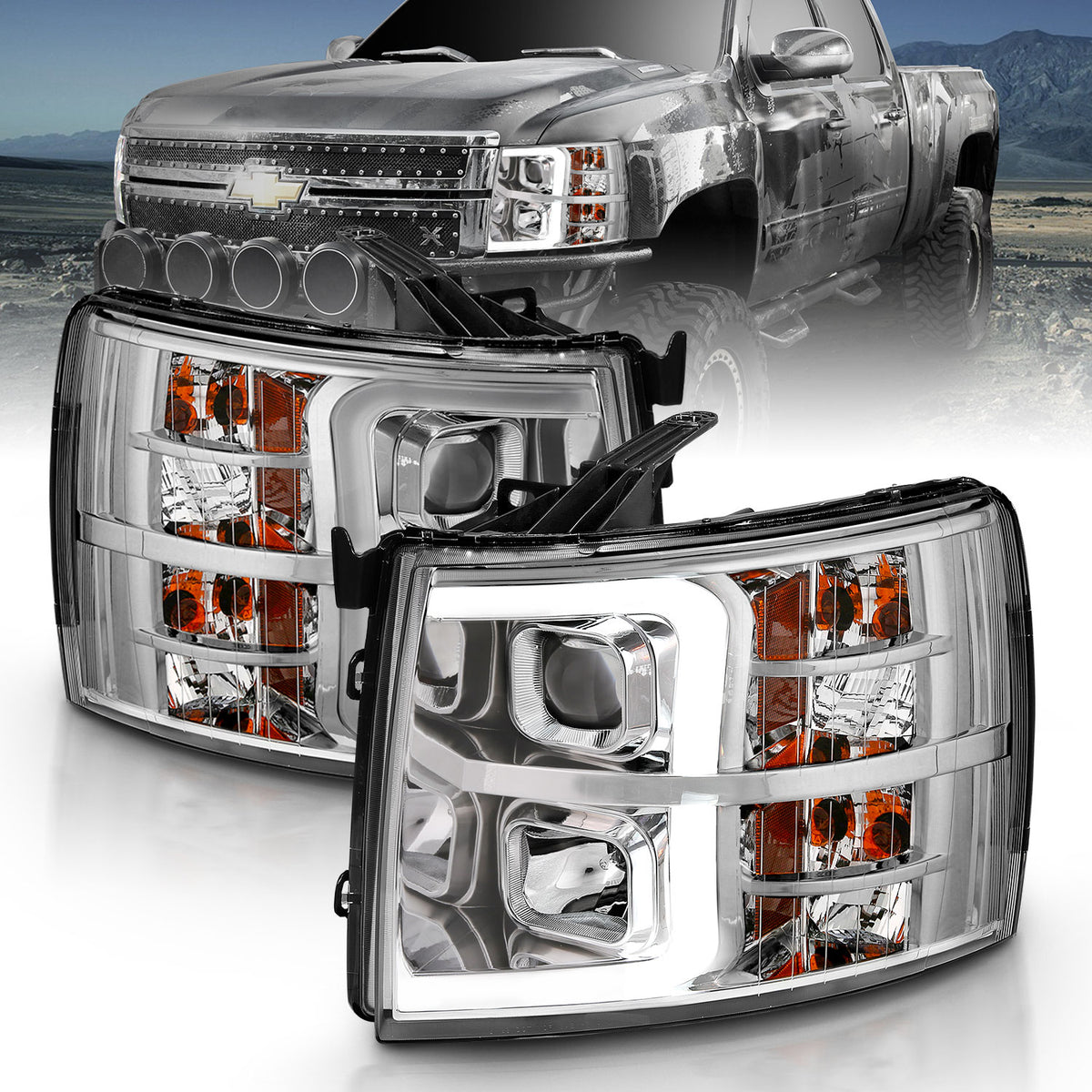 Projector Headlights Plank Style Chrome Amber Pair Chevrolet Silverado 1500/3500 2007-2013, 2500/2500 HD/3500 HD 2007-2014 AnzoUSA