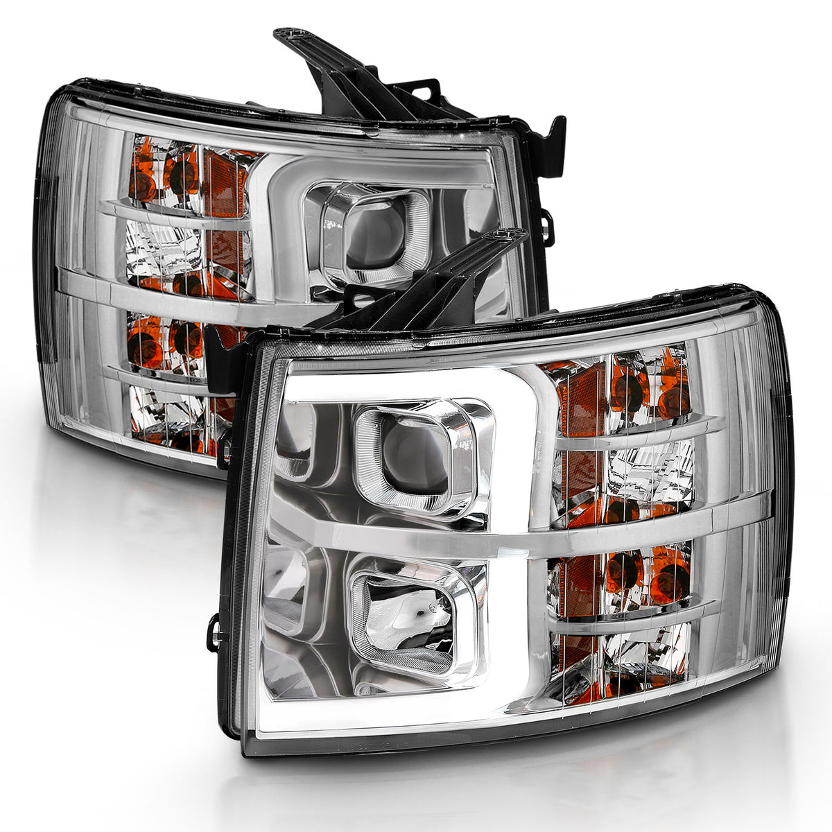 Projector Headlights Plank Style Chrome Amber Pair Chevrolet Silverado 1500/3500 2007-2013, 2500/2500 HD/3500 HD 2007-2014 AnzoUSA-1