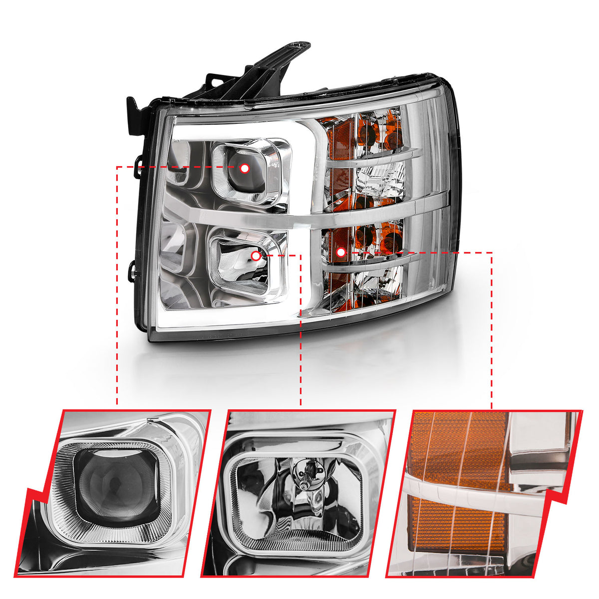 Projector Headlights Plank Style Chrome Amber Pair Chevrolet Silverado 1500/3500 2007-2013, 2500/2500 HD/3500 HD 2007-2014 AnzoUSA-2