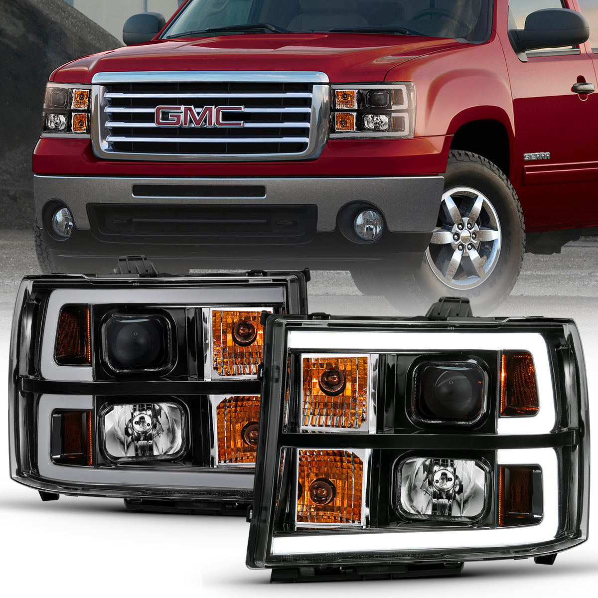 Projector Headlight Plank Style Black W/ Clear Lens Amber GMC Sierra 1500 2007-2013, 2500 HD/3500 HD 2007-2014 AnzoUSA