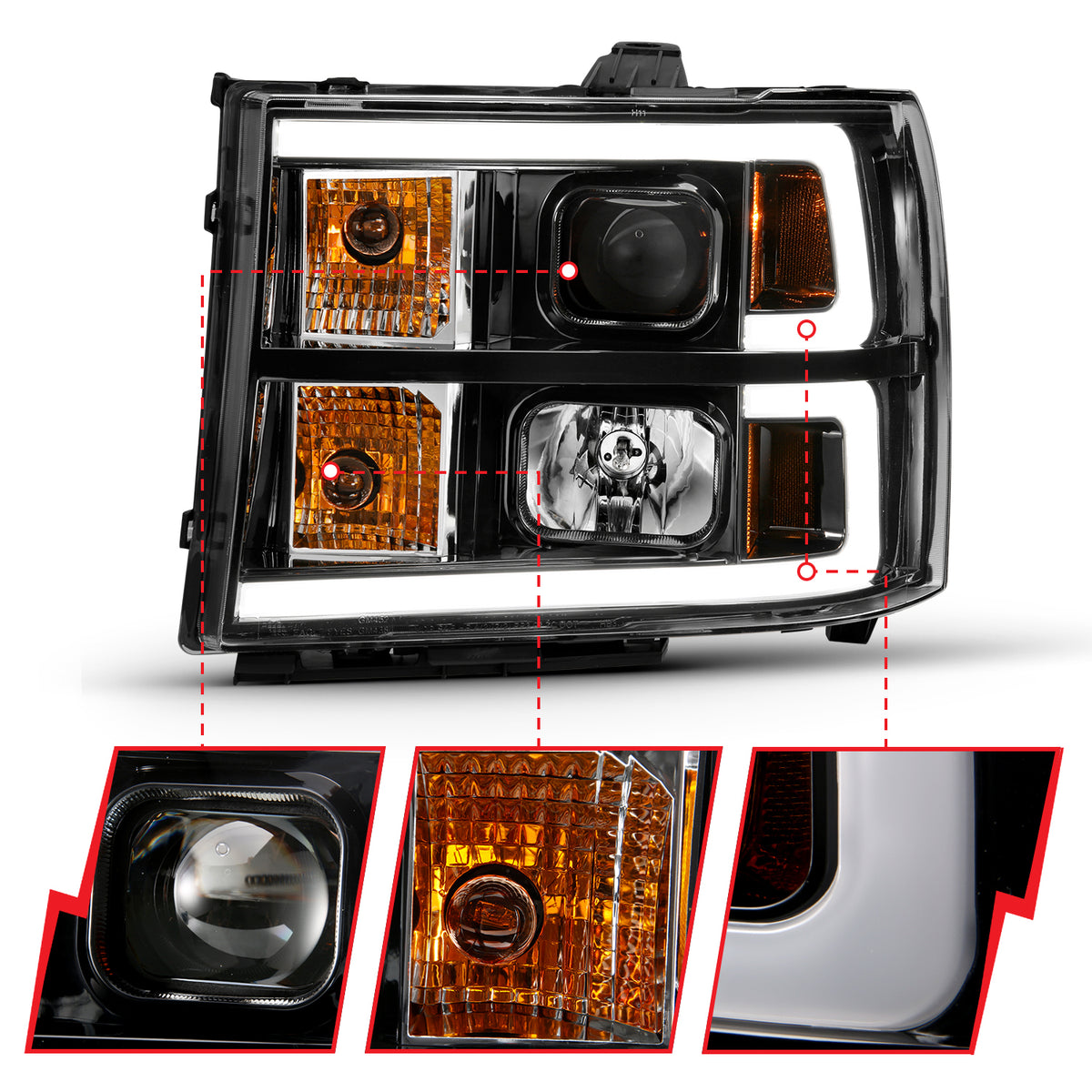 Projector Headlight Plank Style Black W/ Clear Lens Amber GMC Sierra 1500 2007-2013, 2500 HD/3500 HD 2007-2014 AnzoUSA-2