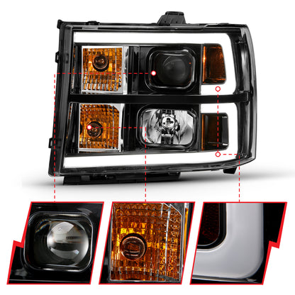 Projector Headlight Plank Style Black W/ Clear Lens Amber GMC Sierra 1500 2007-2013, 2500 HD/3500 HD 2007-2014 AnzoUSA-2