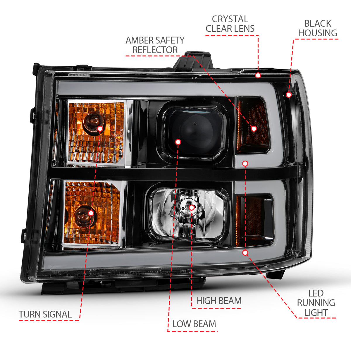 Projector Headlight Plank Style Black W/ Clear Lens Amber GMC Sierra 1500 2007-2013, 2500 HD/3500 HD 2007-2014 AnzoUSA-3
