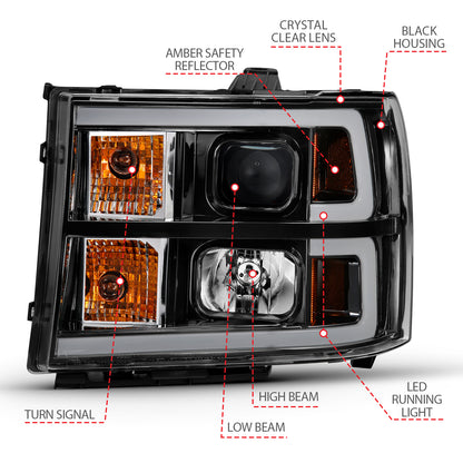 Projector Headlight Plank Style Black W/ Clear Lens Amber GMC Sierra 1500 2007-2013, 2500 HD/3500 HD 2007-2014 AnzoUSA-3
