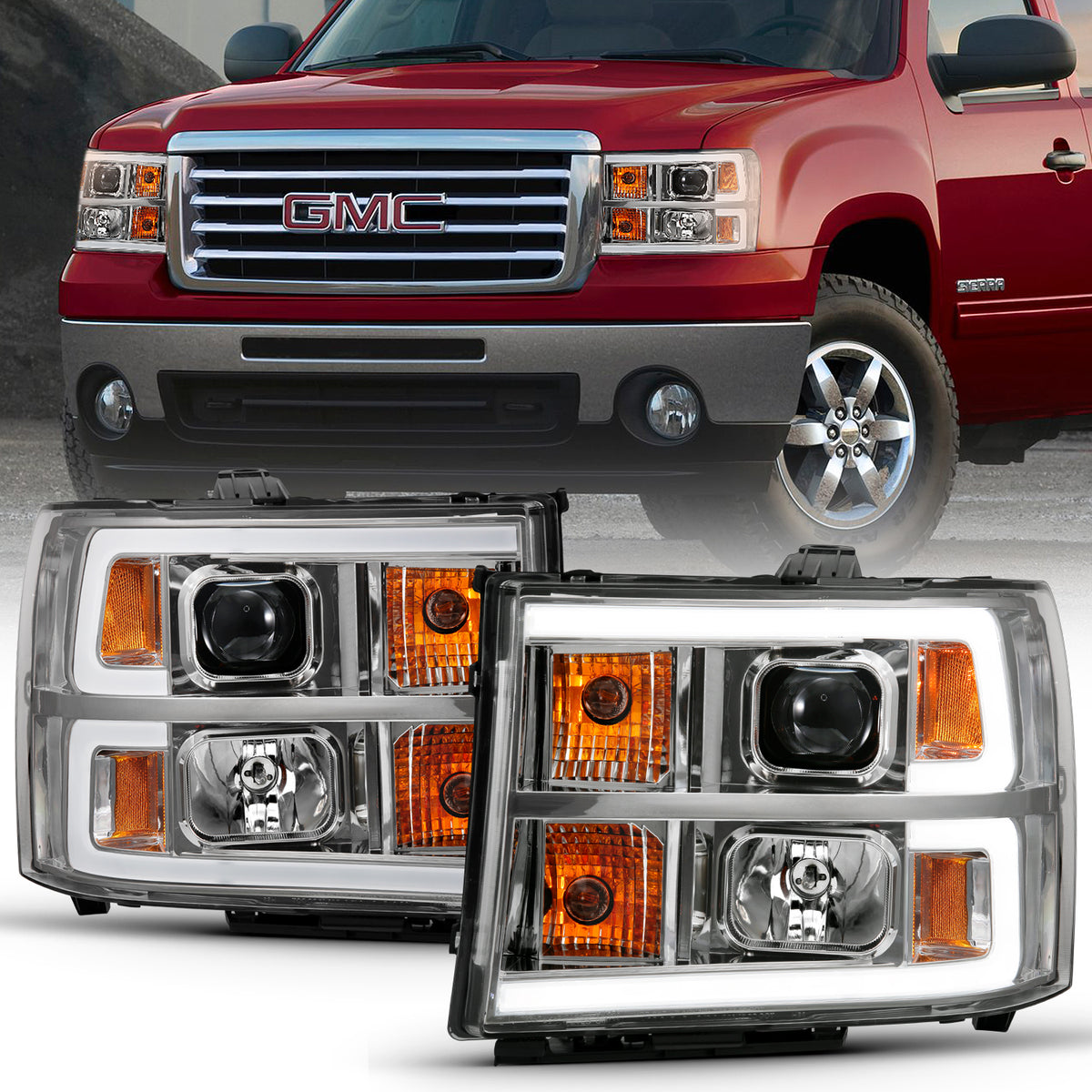 Projector Headlight Plank Style Chrome K W/ Clear Lens Amber GMC Sierra 1500 2007-2013, 2500 HD/3500 HD 2007-2014 AnzoUSA
