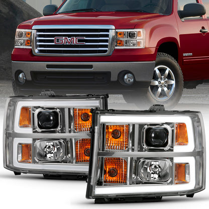 Projector Headlight Plank Style Chrome K W/ Clear Lens Amber GMC Sierra 1500 2007-2013, 2500 HD/3500 HD 2007-2014 AnzoUSA