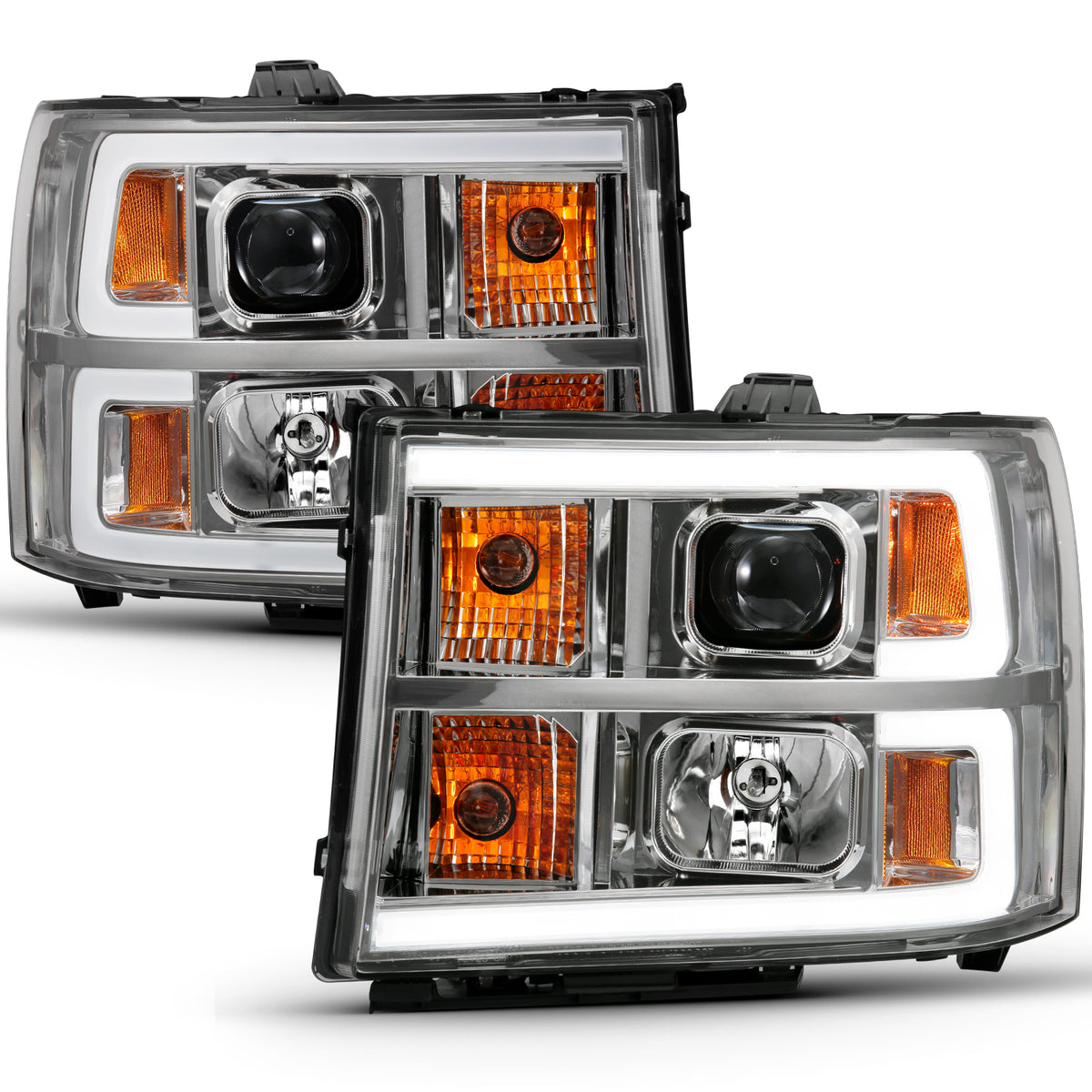Projector Headlight Plank Style Chrome K W/ Clear Lens Amber GMC Sierra 1500 2007-2013, 2500 HD/3500 HD 2007-2014 AnzoUSA-1