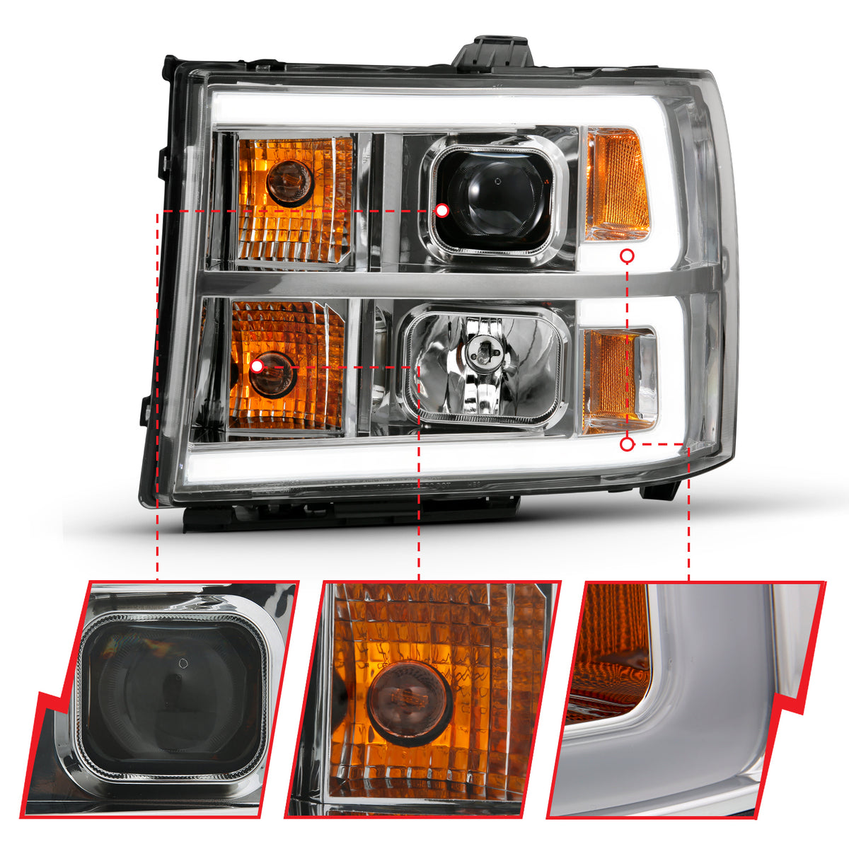 Projector Headlight Plank Style Chrome K W/ Clear Lens Amber GMC Sierra 1500 2007-2013, 2500 HD/3500 HD 2007-2014 AnzoUSA-2