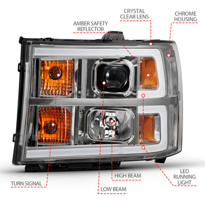 Projector Headlight Plank Style Chrome K W/ Clear Lens Amber GMC Sierra 1500 2007-2013, 2500 HD/3500 HD 2007-2014 AnzoUSA-3