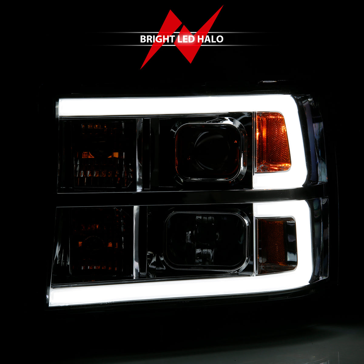 Projector Headlight Plank Style Chrome K W/ Clear Lens Amber GMC Sierra 1500 2007-2013, 2500 HD/3500 HD 2007-2014 AnzoUSA-5