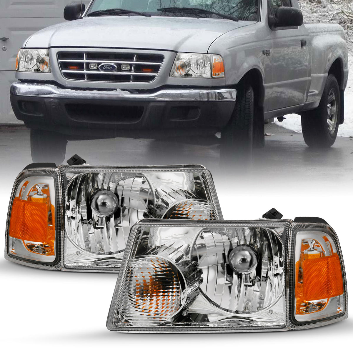 Headlight Set Crystal Headlights Chrome W/ Corner Lights Ford Ranger 2001-2011 AnzoUSA