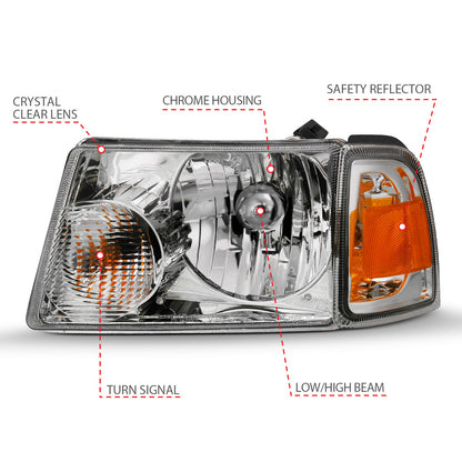 Headlight Set Crystal Headlights Chrome W/ Corner Lights Ford Ranger 2001-2011 AnzoUSA-3