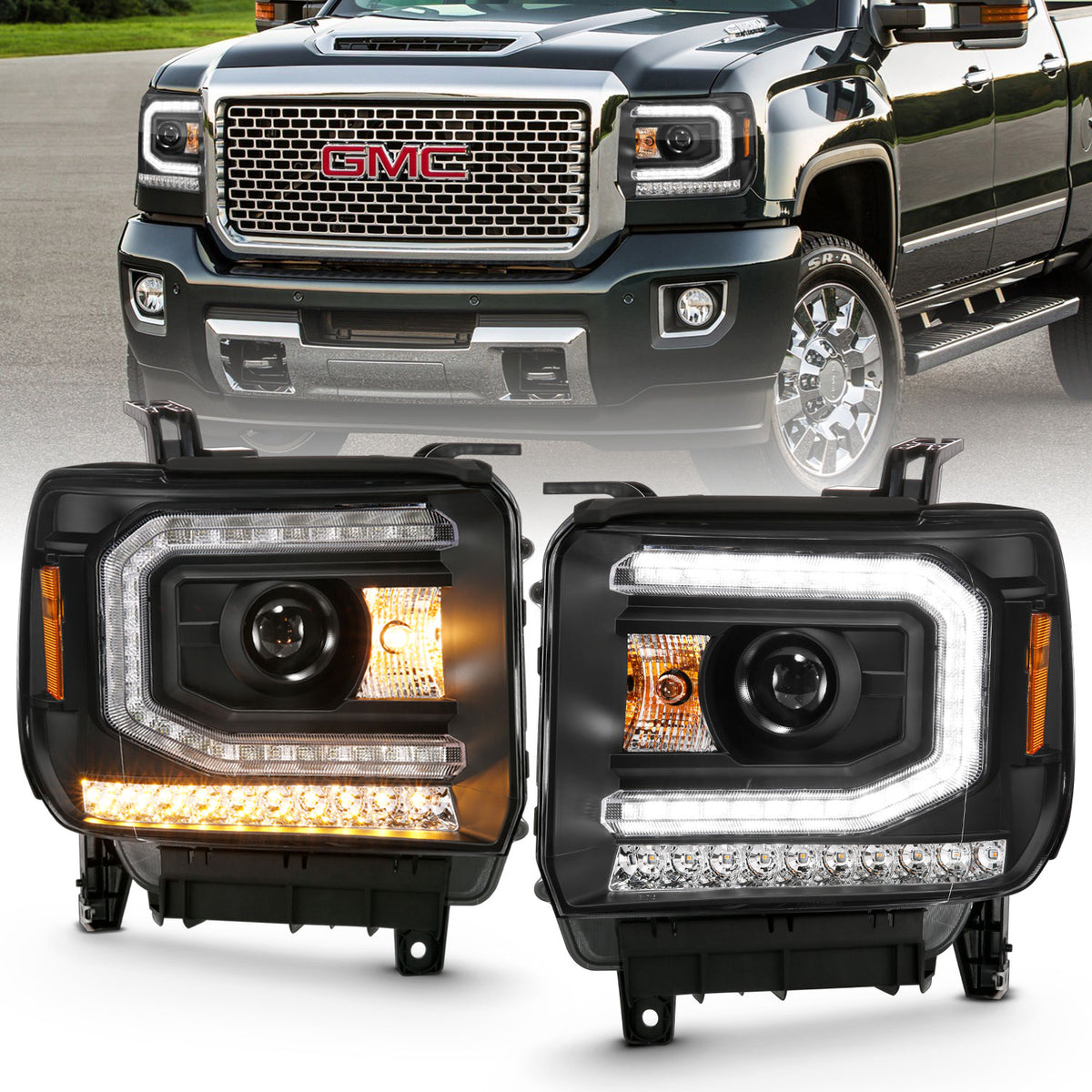 Projector Headlights Plank Style Black W/ Sequential GMC Sierra 1500 2016-2019 AnzoUSA