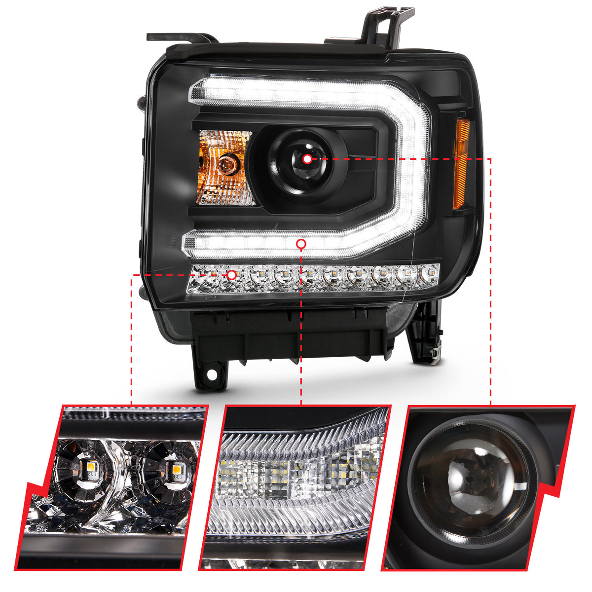 Projector Headlights Plank Style Black W/ Sequential GMC Sierra 1500 2016-2019 AnzoUSA-2