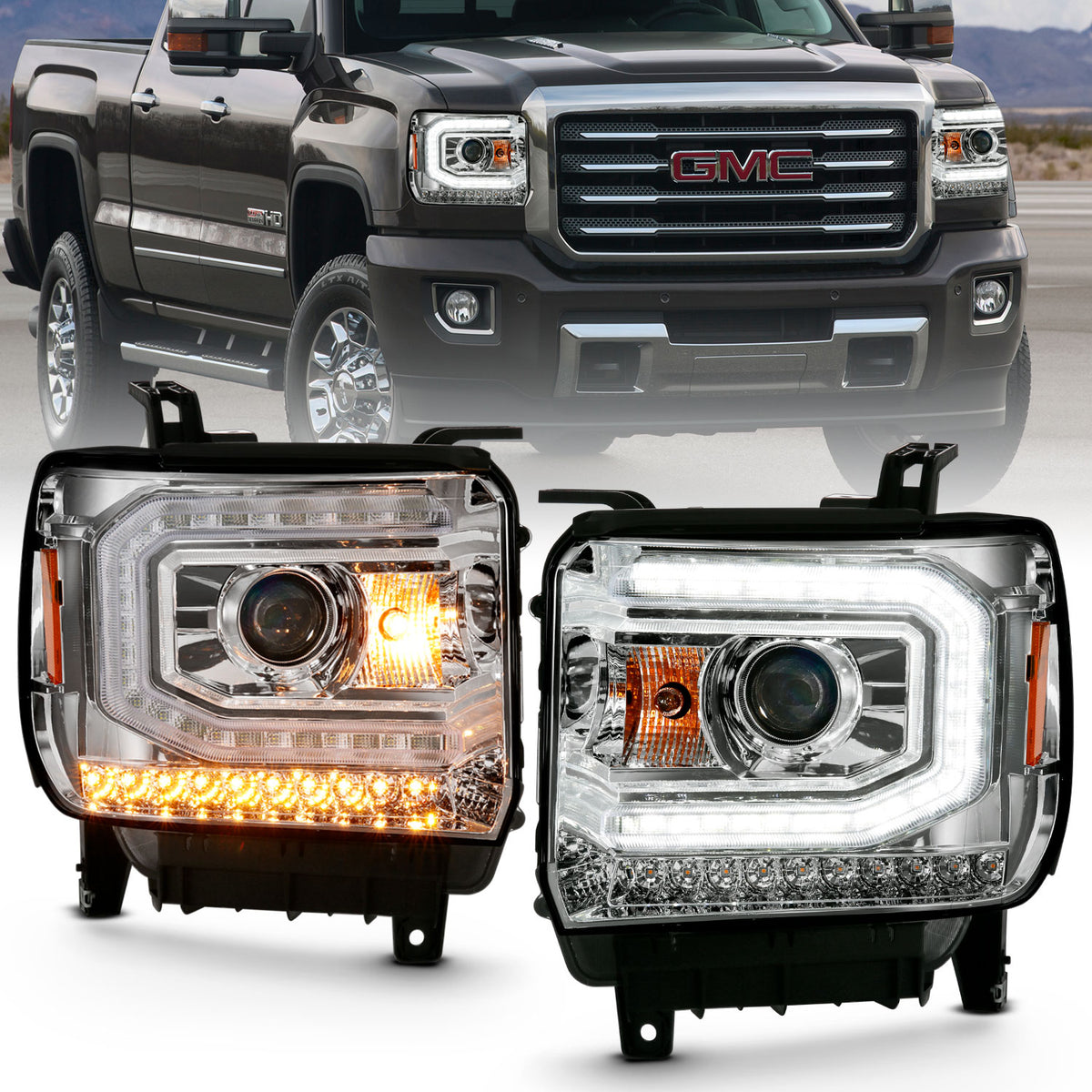 Projector Headlights Plank Style Chrome W/ Sequential GMC Sierra 1500 2016-2019 AnzoUSA